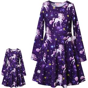 QPANCY Matching Doll&Girls Dresses Long Sleeve Unicorn Outfits Cotton Clothes