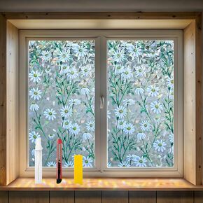 QHY Sunshine Privacy Window Film with Installation Tool Decorative Stained Glass Window Stickers Reusable Window Film (Leafy Daisy, 17.5 x 78.7)