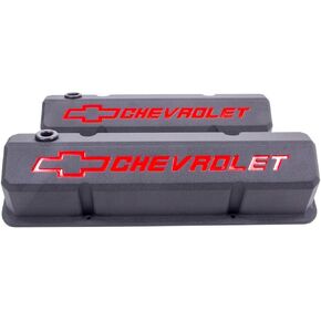 ProForm Valve Cover, Slant-Edge, Tall, Baffled, Breather Hole, Recessed Chevrolet Bowtie Logo, Aluminum, Black Crinkle, Small Block Chevy, Pair