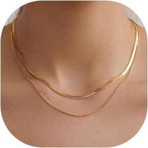 HANLI Layered Necklaces for Women 14K Gold Plated Dainty Layer Paper Clip Herringbone Necklaces Simple Satellite Box Chain Necklace Minimalist Everyday Jewelry