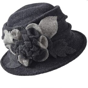 Vintage Women Floral Wool Dress Cloche Winter Hat 1920s