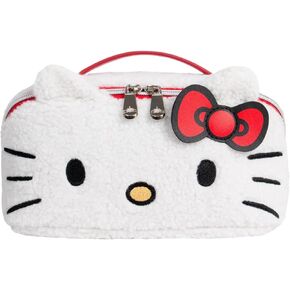 منظم حقيبة مستحضرات التجميل للسفر من شركة Impressions Vanity Hello Kitty Unfold، يفتح حقيبة مستحضرات التجميل المسطحة بسحاب مع نسيج قماش شيربا المريح، مقصورات مزدوجة، جيوب داخلية، مقبض حمل علوي