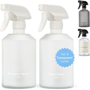 KIVY Glass Spray Bottles for Cleaning + Labels - 2x 16oz Empty Spray Bottles for Cleaning & Plants - Reusable Glass cleaning bottles - Cleaner spray bottle - 16 oz Glass spray bottle for plants