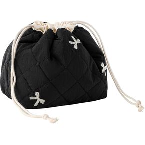 Cotton Quilted Drawstring Makeup Bag with Canvas Lining,Coquette Aesthetic Cute Travel Toiletry Bag,Drawstring Gift Bag for Women and Girls（04White Bear）