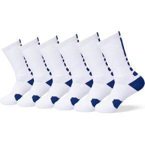 VNG Premium Athletic Crew Socks for Men Sizes 6-13, 6 Pairs Mid-Calf, Cushioned Sport Socks for Basketball, Football, Baseball, Running, Hiking in White with Blue Trim