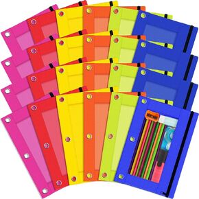 حقيبة أقلام رصاص مكونة من 3 حلقات، مجموعة مكونة من 24 كيسًا بسحاب ذات 3 فتحات بألوان متنوعة، حامل أقلام رصاص من القماش قوي ومتين مع نافذة شفافة لمستلزمات الكلية المكتبية والمدرسة (24) in Kuwait