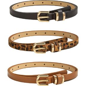 3 Pack Skinny Women Faux Leather Belt for Jeans Ladies Solid Color Thin Waist Belt Leopard Print Belt for Dresses Adjustable with Gold Buckle 0.49" Width