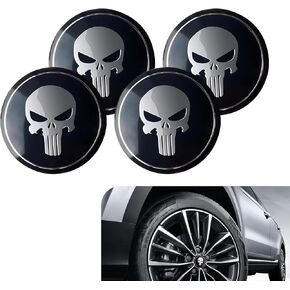 4 PCS Skull Car Hub Center Cap Sticker, 2.2In Waterproof Durable Vehicle Hub Decorative Decal, Universal Portable Round Metal Automotive Tire Accessory for Truck SUV Car (Silver)