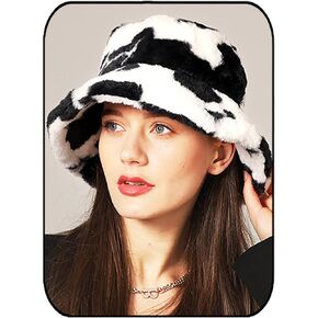 Formery Winter Fuzzy Bucket Hat White Cow Print Faux Fur Bucket Hats Warm Fluffy Furry Fishermen Cap for Women