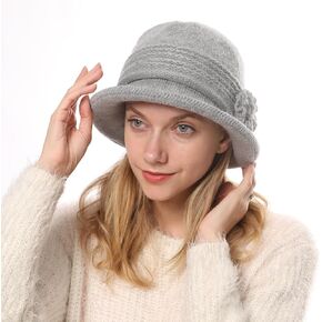 Womens Winter Wool Knitted Hat, Vintage Church Bucket Hat Warm Cloche Bowler Felt Cap