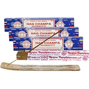 Satya Nag Champa Incense Sticks, Satya sai Baba Insenses 15gmx3 (45 gm) Pack with Raajsee Incense Holder Bundle, Satya Nag Champa Natural Incense