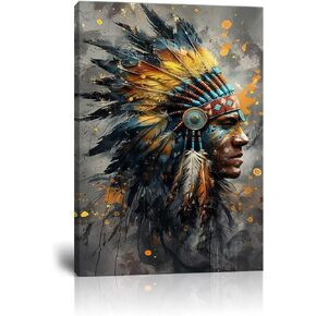 Wall HDQ Native American Chief Feathered Oil Painting Colorful Indian Canvas Wall Art Retro Wall Decor for Bedroom Bathroom Home Decorations Framed(18" x 24")