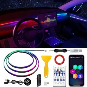 Tesla Model 3/Y Dreamcolor Acrylic Interior Car LED Strip Light with 30S Motion Sensor Switch&USB Hub, 55.1 inches Tesla Ambient Lighting Kits, RGB Colors Tesla Neon LED Strip Light for 2021 2022 2023