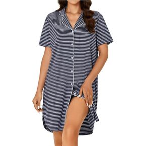 KIFOVEN Women's Cotton Striped Nightgown Button Down Short Sleeve Collared Nightshirt Nightdress Sleep Shirts
