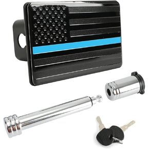 Winunite Trailer Hitch Cover with Locking Pin for 2" Inch Tow Rear Receivers Plug Cover Metal Guard for Cars Trucks SUV Black with Thin Blue line