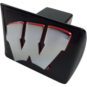 University of Wisconsin Metal Emblem (Chrome with red Trim) on Black Metal Hitch Cover