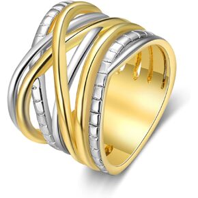Gold and Silver Rings for Women, Fashion Vintage Two Tone Twisted Cable Statement Crossover Rings Retro Band Designer Jewelry Gifts for Her
