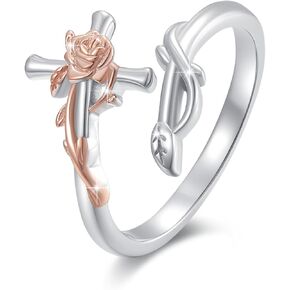 Rose Flower Cross Ring Jewelrly Gifts Silver Rose Cross Christian Crucifix Purity Inspirational Band Ajustable Rings Pray Cross Faith Jewelry for Her Women