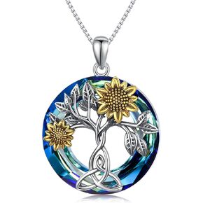 Sunflower Necklace 925 Sterling Silver with Crystal Sunflower Necklace Tree of Life Pendant Sunflower Jewelry Gifts for Women Mom Wife