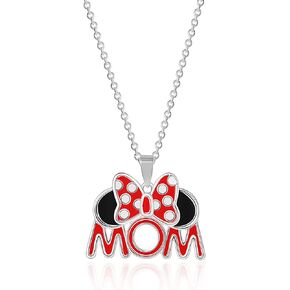 Disney Womens Minnie Mouse Mom Necklace 18" Official License, Silver Plated and Red Enamel Mom Pendant Necklace