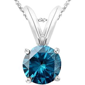 1/2-5 Carat Round Blue Diamond 4 Prong Pendant Necklace (AAA Quality) W/ 16" Gold Chain