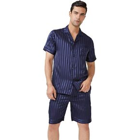 DAVID ARCHY Men's Satin Silky Sleepwear Pajamas Set Button-Down Short Sleeve Loungewear