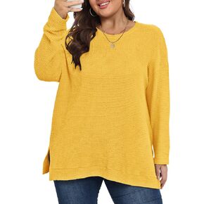 KARALIN Womens Plus Size Tops Fall CrewNeck Waffle Knit Long Sleeve Shirts Side Slits Oversized Sweater Pullover
