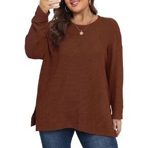 KARALIN المرأة حجم كبير بلايز الخريف CrewNeck الهراء متماسكة قمصان طويلة الأكمام الشقوق الجانبية المتضخم سترة صوفية