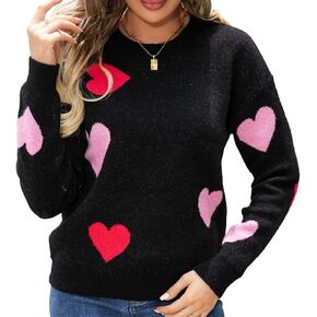 KMBANGI Women Heart Print Sweater Romantic Oversized Knitted Shirt Valentine's Day Love Graphic Long Sleeve Pullover Top