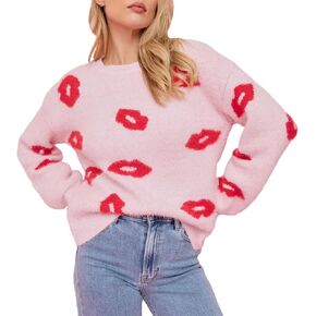 Valentines Heart Sweater for Women Lip Valentines Gifts for Her Cute Lips Long Sleeve Crewneck Casual Pullover Tops