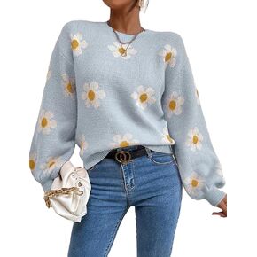 IDEALSANXUN Womens Diasy Sweater Fall Winter Long Sleeve Pullover Loose Fit Pullover Knit Tops