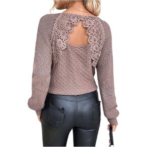 GORGLITTER Women's Lace Open Back Sweater Backless Long Sleeve V Neck Patchwork Cut Out Fall Knit Sweater Dressy Casual