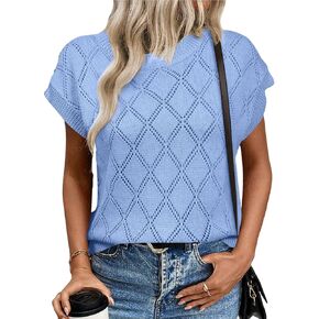 SHEWIN Womens Summer Tops Casual Crewneck Short Sleeve Shirts Cable Knit Lightweight Loose Pullover Sweater