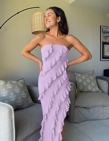 ZESICA Women's Strapless Bodycon Dress Sexy Off Shoulder Mesh Tassel Ruffle Side Split Tube Party Maxi Dresses in Kuwait