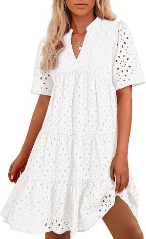 BTFBM Womens Boho Summer Dresses 2025 Resort V Neck Short Sleeve Hollow Out Lace Ruffle Casual Beach Mini Vacation Dress in Kuwait