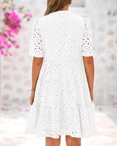 BTFBM Womens Boho Summer Dresses 2025 Resort V Neck Short Sleeve Hollow Out Lace Ruffle Casual Beach Mini Vacation Dress in Kuwait