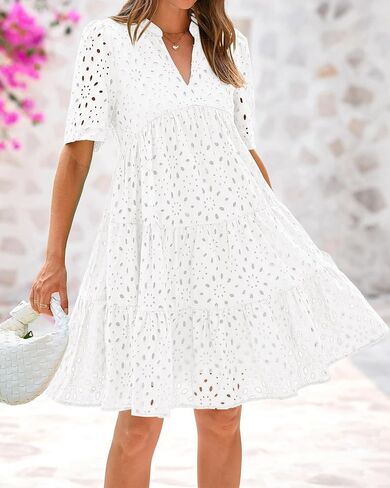 BTFBM Womens Boho Summer Dresses 2025 Resort V Neck Short Sleeve Hollow Out Lace Ruffle Casual Beach Mini Vacation Dress in Kuwait