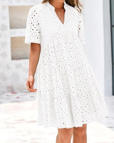 BTFBM Womens Boho Summer Dresses 2025 Resort V Neck Short Sleeve Hollow Out Lace Ruffle Casual Beach Mini Vacation Dress in Kuwait