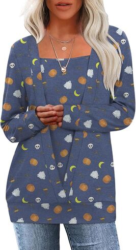 Anydeer Women Tunic Tops Square Neck T-Shirts Deep V Blouses Fall Long Sleeved Loose Fit With Leggings in Kuwait
