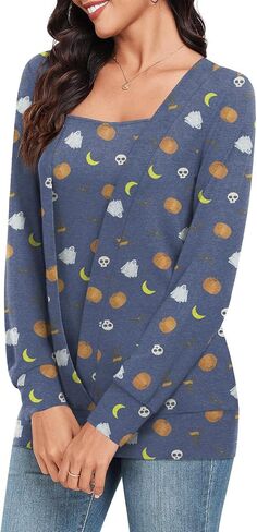 Anydeer Women Tunic Tops Square Neck T-Shirts Deep V Blouses Fall Long Sleeved Loose Fit With Leggings in Kuwait