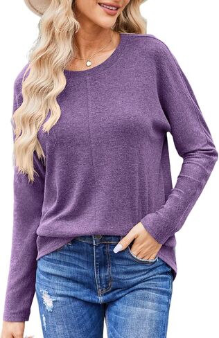 Women’s Long Sleeve T Shirts Plain Round Neck Loose Tunic Tops Casual Basic Tee in Saudi Arabia