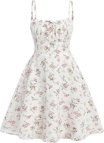 Girl's Ruched Bust Smocked Floral Dress Spaghetti Strap Bowknot Boho A Line Cami Sun Dresses in Kuwait
