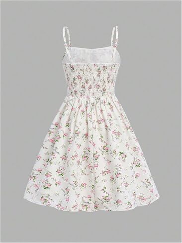 Girl's Ruched Bust Smocked Floral Dress Spaghetti Strap Bowknot Boho A Line Cami Sun Dresses in Kuwait