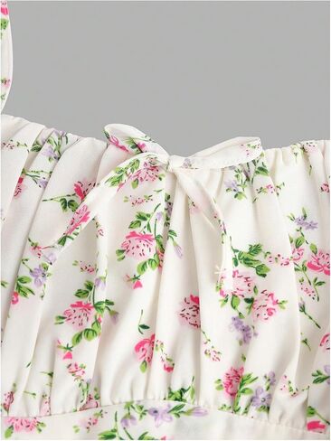 Girl's Ruched Bust Smocked Floral Dress Spaghetti Strap Bowknot Boho A Line Cami Sun Dresses in Kuwait
