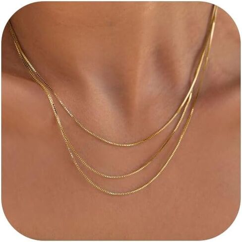 HANLI Layered Necklaces for Women 14K Gold Plated Dainty Layer Paper Clip Herringbone Necklaces Simple Satellite Box Chain Necklace Minimalist Everyday Jewelry in Saudi Arabia