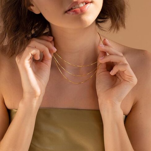 HANLI Layered Necklaces for Women 14K Gold Plated Dainty Layer Paper Clip Herringbone Necklaces Simple Satellite Box Chain Necklace Minimalist Everyday Jewelry in Saudi Arabia