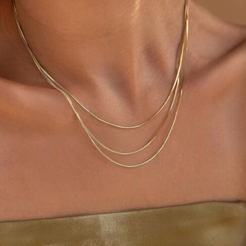 HANLI Layered Necklaces for Women 14K Gold Plated Dainty Layer Paper Clip Herringbone Necklaces Simple Satellite Box Chain Necklace Minimalist Everyday Jewelry in Saudi Arabia