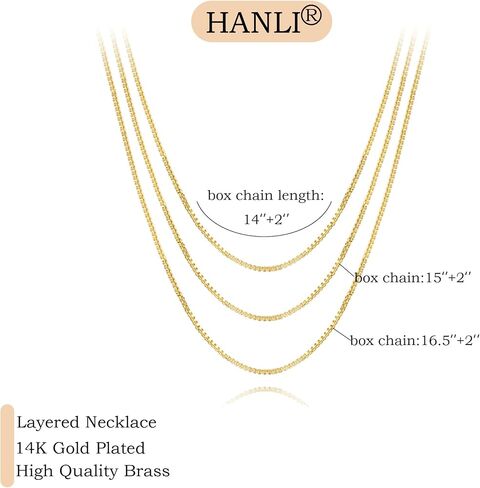 HANLI Layered Necklaces for Women 14K Gold Plated Dainty Layer Paper Clip Herringbone Necklaces Simple Satellite Box Chain Necklace Minimalist Everyday Jewelry in Saudi Arabia