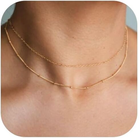 HANLI Layered Necklaces for Women 14K Gold Plated Dainty Layer Paper Clip Herringbone Necklaces Simple Satellite Box Chain Necklace Minimalist Everyday Jewelry in Saudi Arabia