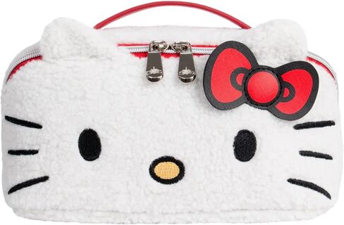 منظم حقيبة مستحضرات التجميل للسفر من شركة Impressions Vanity Hello Kitty Unfold، يفتح حقيبة مستحضرات التجميل المسطحة بسحاب مع نسيج قماش شيربا المريح، مقصورات مزدوجة، جيوب داخلية، مقبض حمل علوي in Kuwait